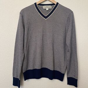 Cardigan by Lynne Hiriak Tan Blue Striped Merino Wool Sweater Size Small